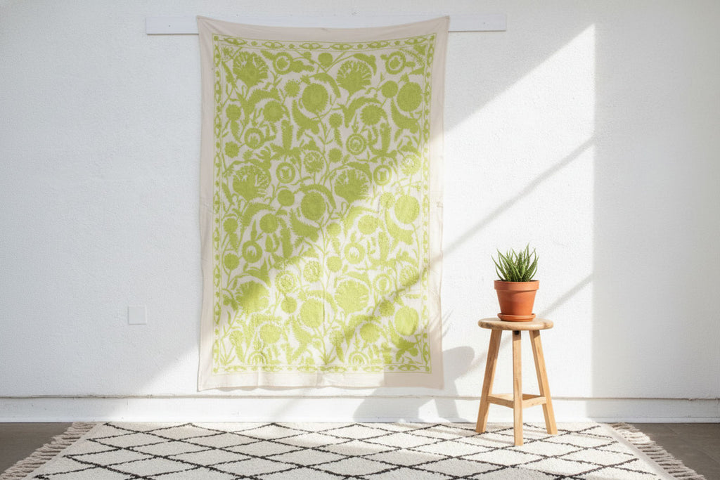 Vibrant Lime Green Hand-Embroidered Suzani Tapestry