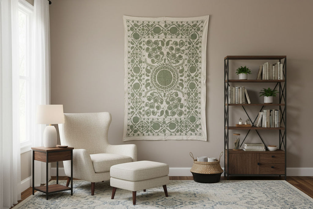 Sage Paisley Hand-Embroidered Suzani Throw