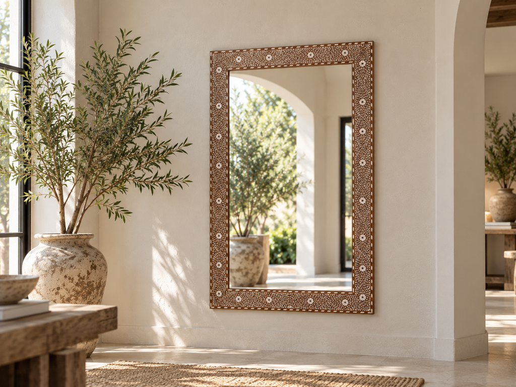 Grand Artisanal Floral Inlay Walnut Finish Mirror (Trade)
