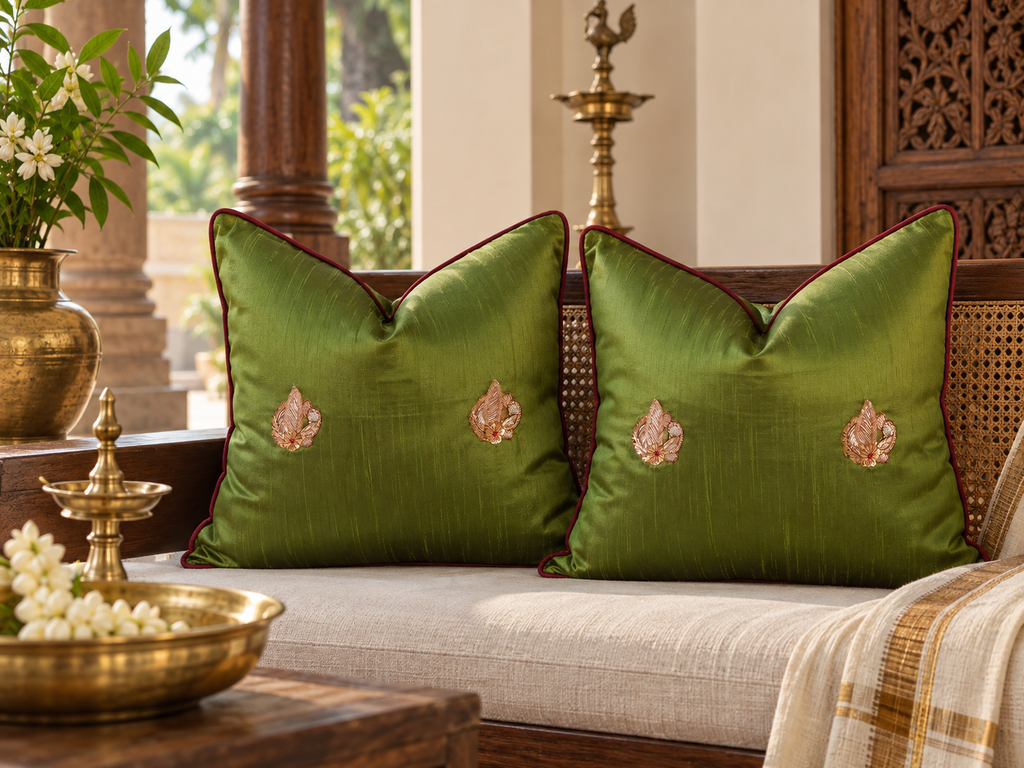 Pair of Morya Green Zardozi Pillows (Trade)
