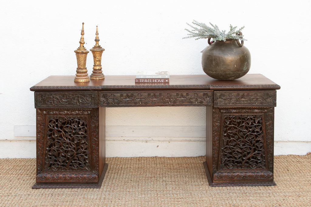 Finely Carved Anglo-Indian Rosewood Pedestal Desk