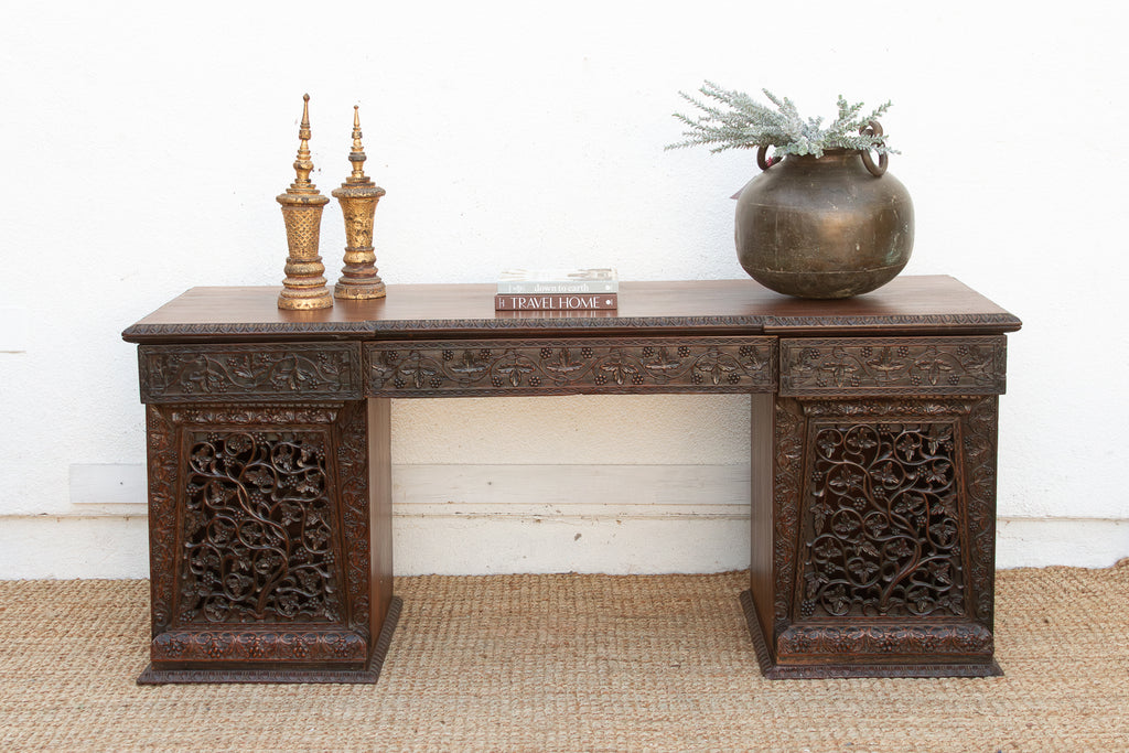 Finely Carved Anglo-Indian Rosewood Pedestal Desk