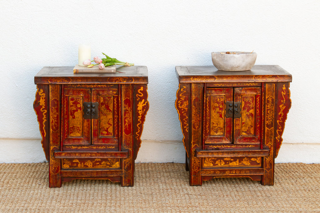 Pair of Red & Gilt Chinoiserie Small Cabinets