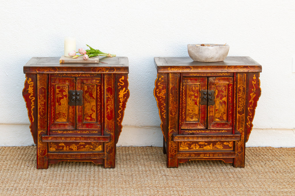 Pair of Red & Gilt Chinoiserie Small Cabinets
