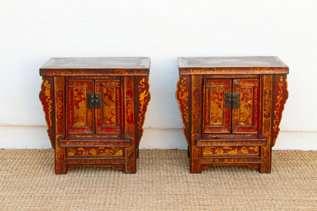 Pair of Red & Gilt Chinoiserie Small Cabinets