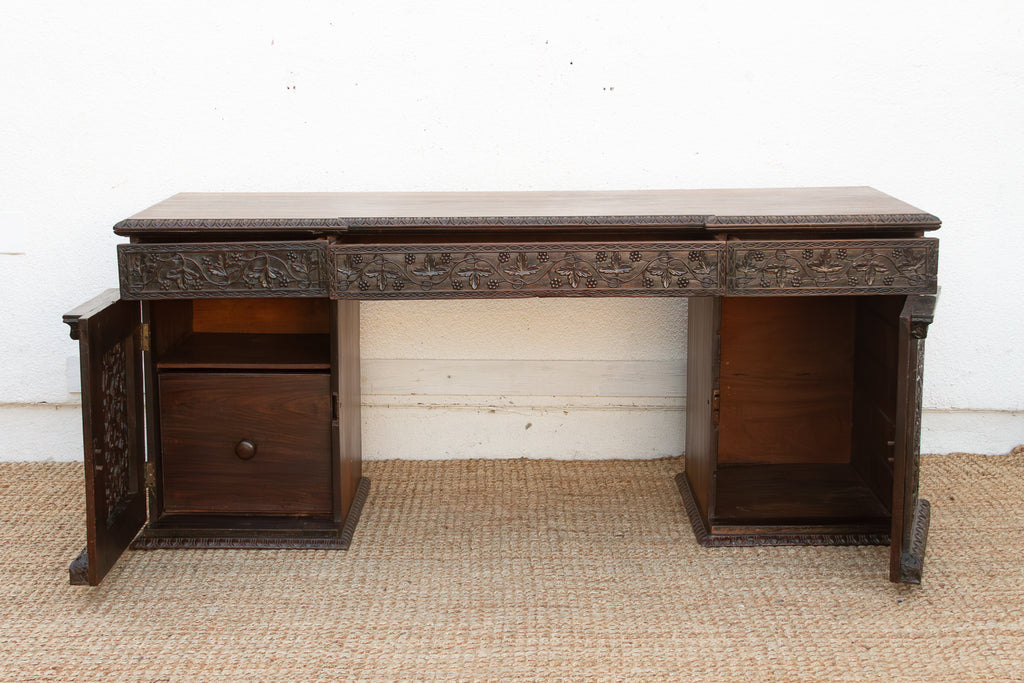 Finely Carved Anglo-Indian Rosewood Pedestal Desk