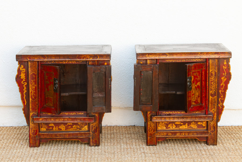 Pair of Red & Gilt Chinoiserie Small Cabinets