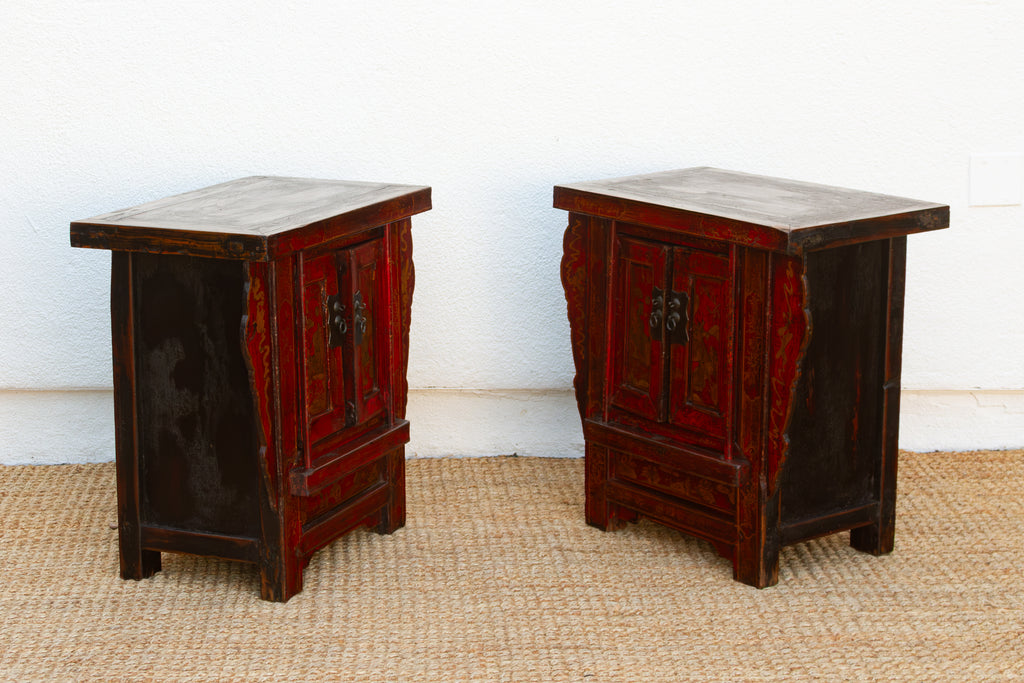 Pair of Red & Gilt Chinoiserie Small Cabinets
