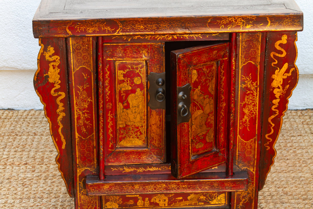Pair of Red & Gilt Chinoiserie Small Cabinets