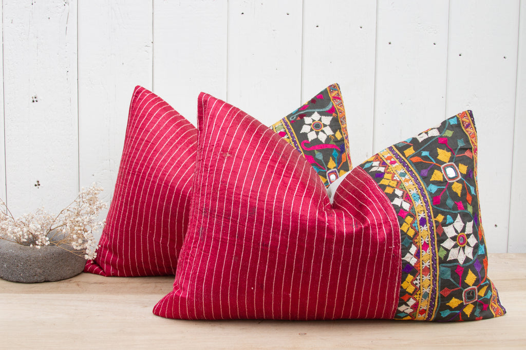 Pair of Floral Antique Mashru Tribal Lumbar Pillow