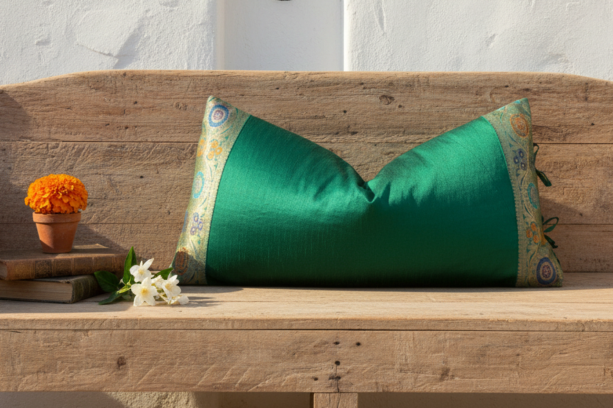 Rabia Large Festive Indian Silk Queen Lumbar Pillow Cover