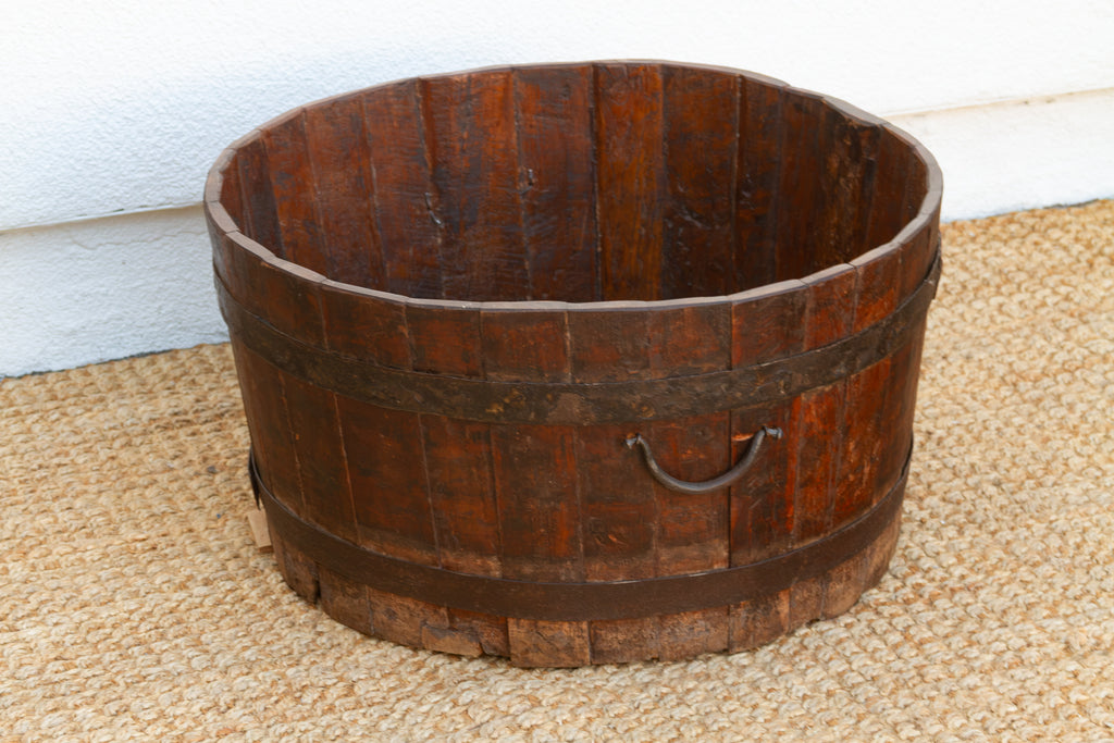 Antique Rustic Metal Banded Barrel Container