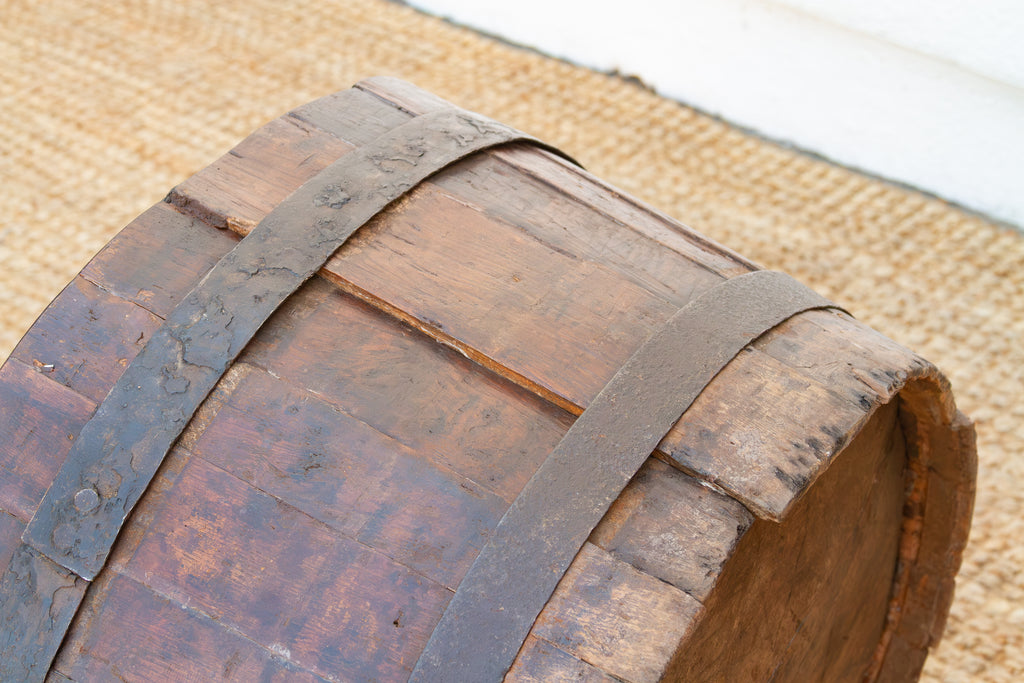 Antique Rustic Metal Banded Barrel Container