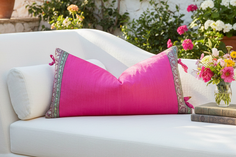 Pink Large Festive Indian Silk Queen Lumbar Pillow Cover