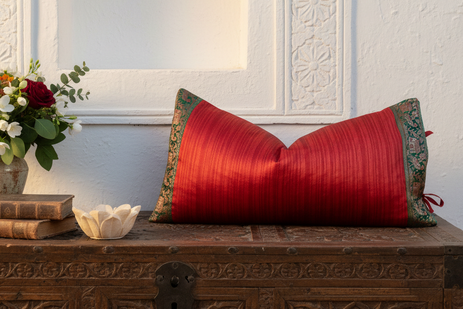 Red Large Festive Indian Silk Queen Lumbar Pillow Cover