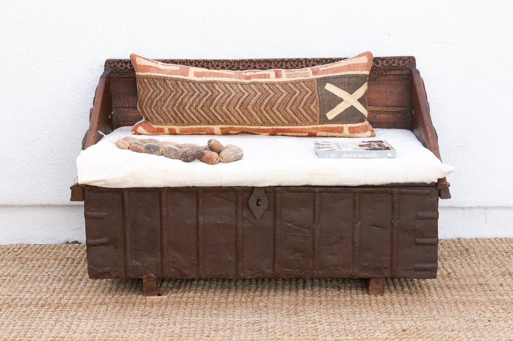 Antique Rajasthani Metal & Carved Wood Box Bench