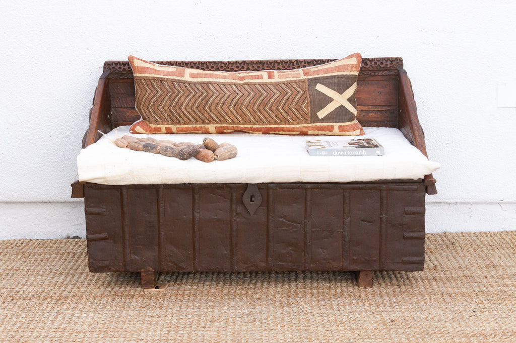 Antique Rajasthani Metal & Carved Wood Box Bench