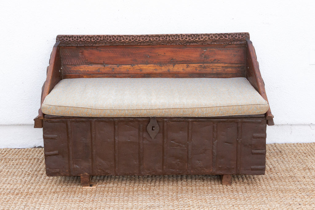Antique Rajasthani Metal & Carved Wood Box Bench
