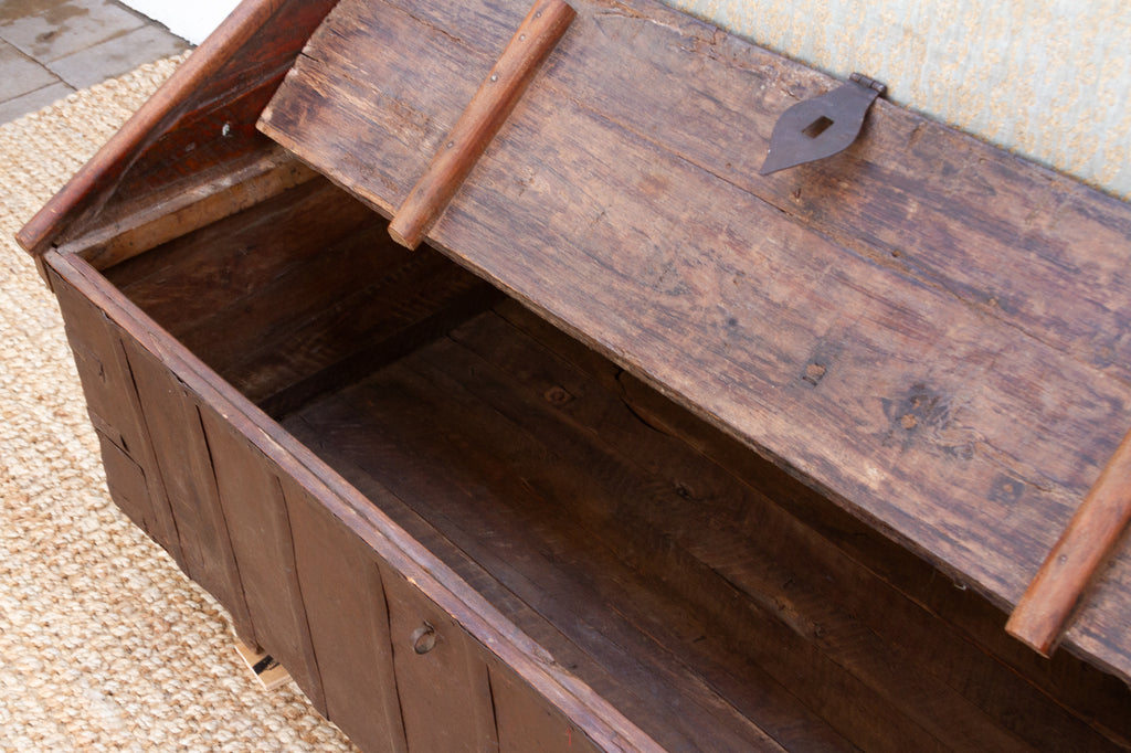 Antique Rajasthani Metal & Carved Wood Box Bench