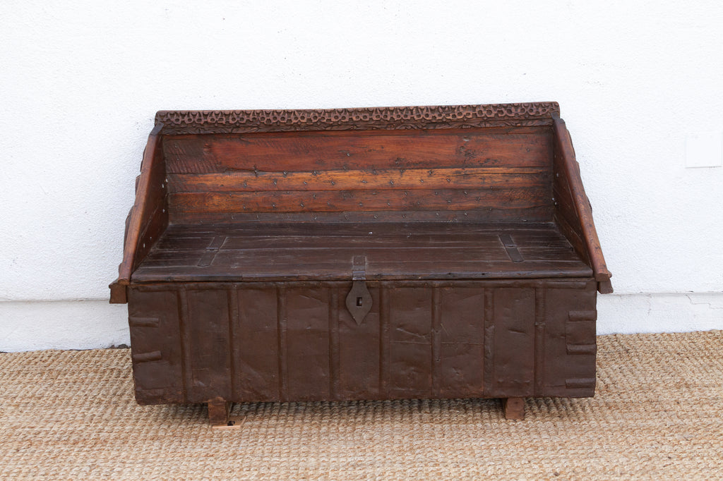 Antique Rajasthani Metal & Carved Wood Box Bench