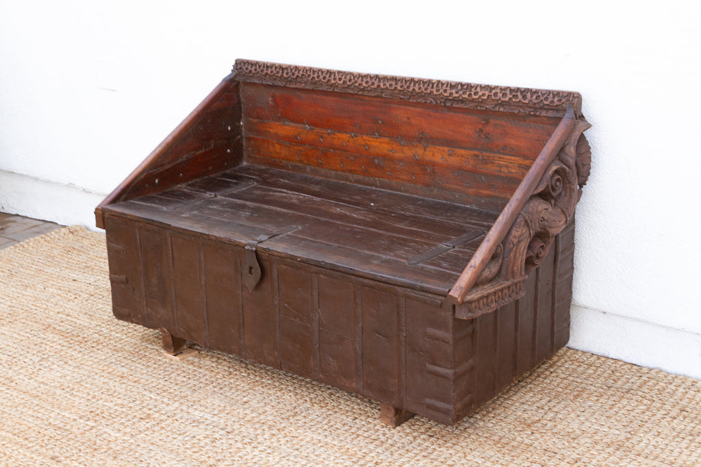 Antique Rajasthani Metal & Carved Wood Box Bench