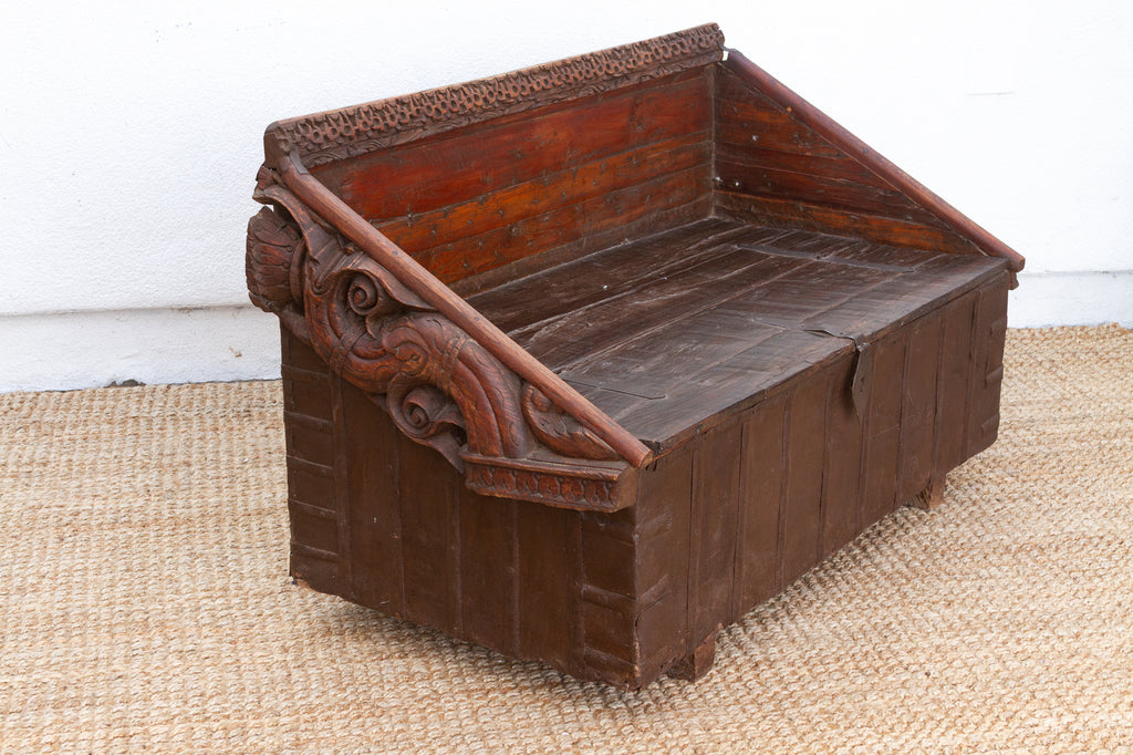 Antique Rajasthani Metal & Carved Wood Box Bench