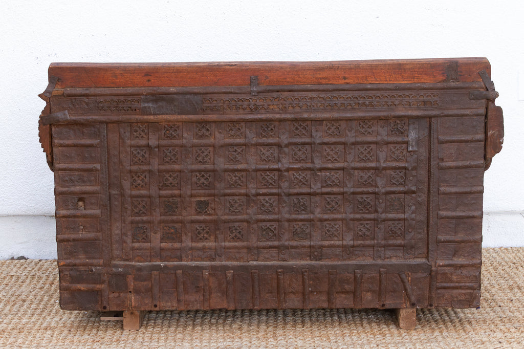 Antique Rajasthani Metal & Carved Wood Box Bench