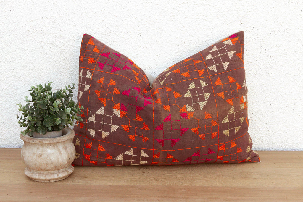 Doaba Lattice, Antique Phulkari Lumbar Pillow Cover (Trade)