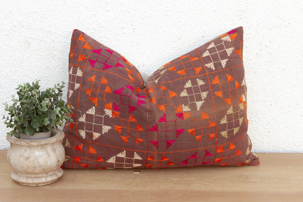 Doaba Lattice, Antique Phulkari Lumbar Pillow Cover (Trade)