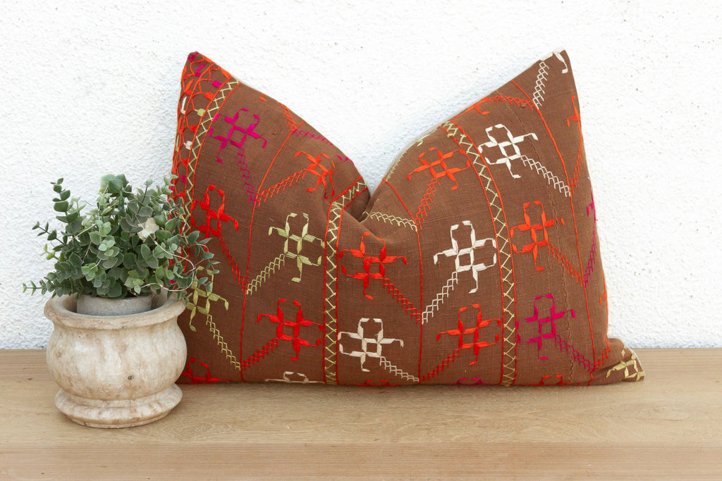 Malwa Medallion, Antique Phulkari Lumbar Pillow Cover