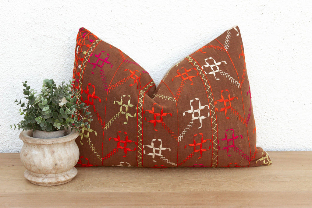 Malwa Medallion, Antique Phulkari Lumbar Pillow Cover