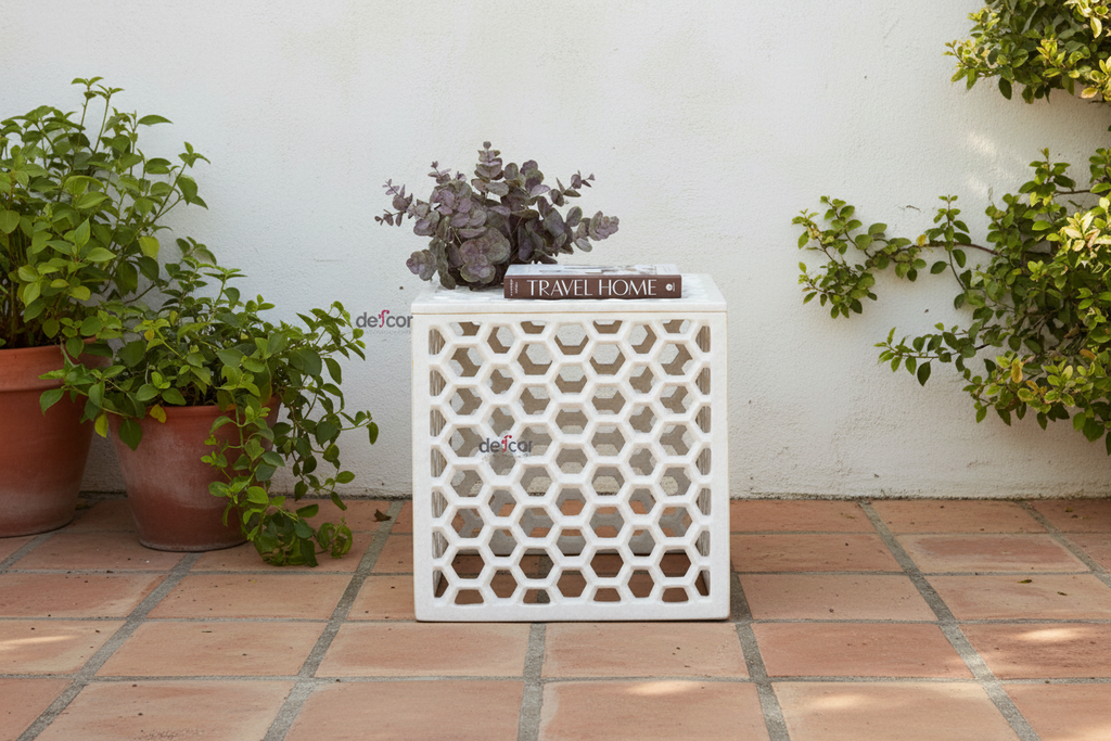 Hand-carved Marble Jali Side Table