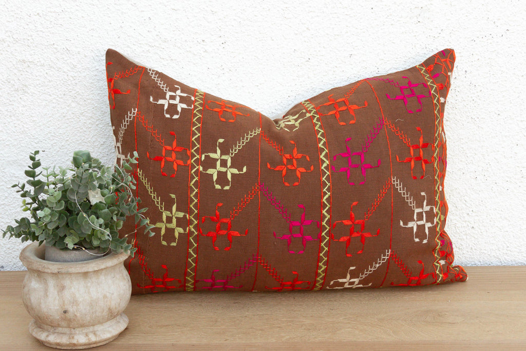 Mukstar Medallion, Antique Phulkari Lumbar Pillow Cover