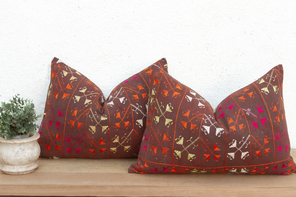 Set of 2, Kuchiana Mirror, Antique Phulkari Lumbar Pillow Covers (Trade)