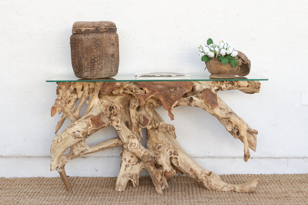 Abstract Teak Root & Glass Console Table