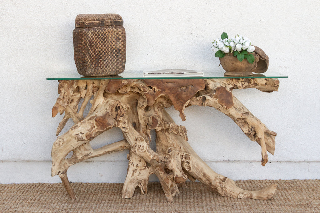 Abstract Teak Root & Glass Console Table
