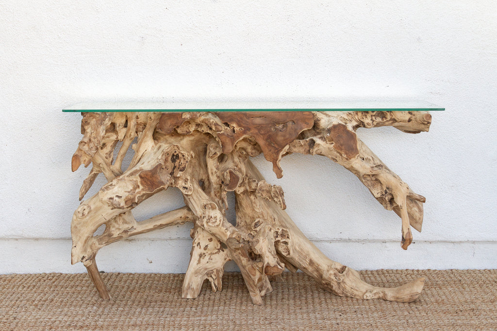 Abstract Teak Root & Glass Console Table