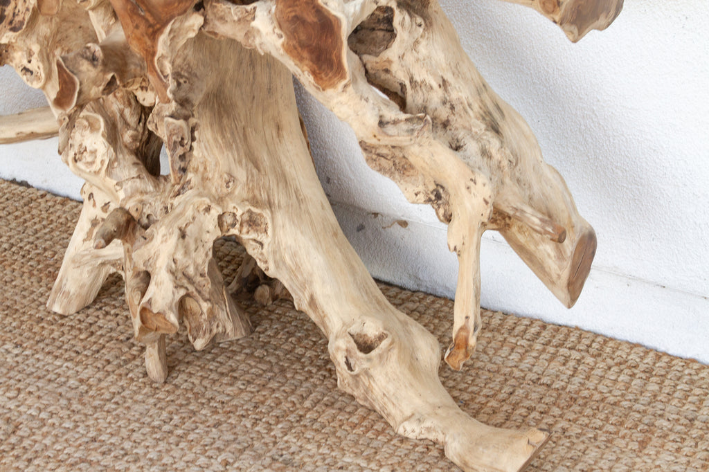 Abstract Teak Root & Glass Console Table