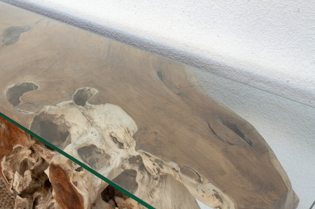 Abstract Teak Root & Glass Console Table