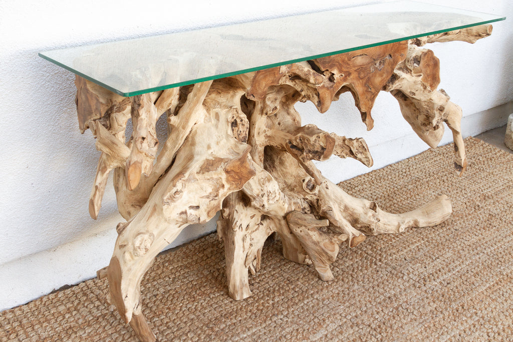 Abstract Teak Root & Glass Console Table