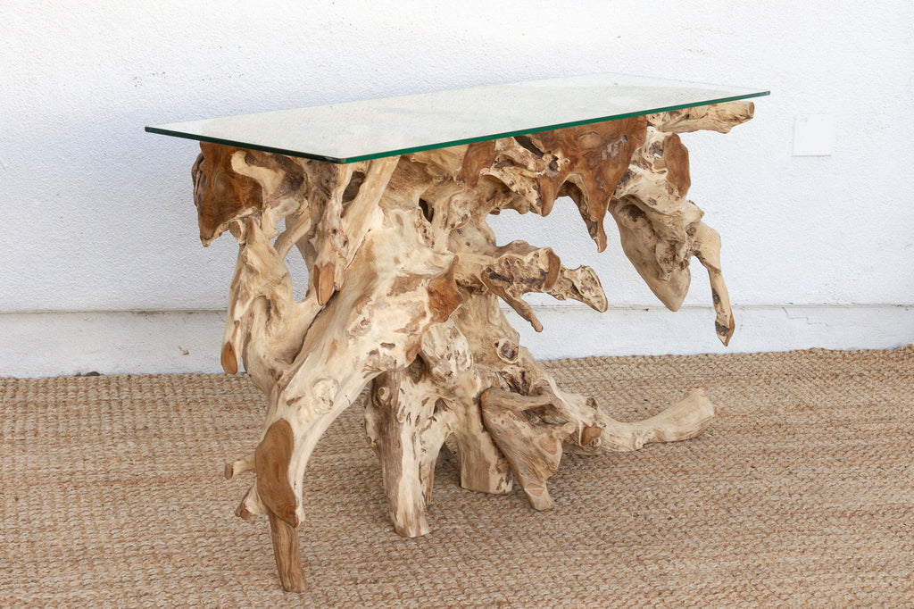 Abstract Teak Root & Glass Console Table