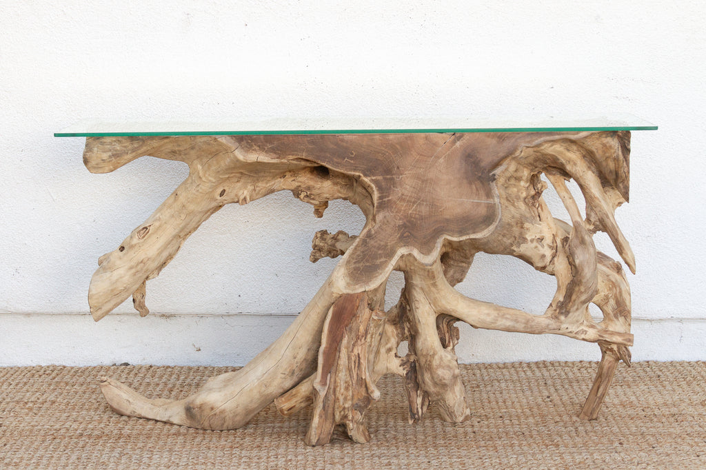 Abstract Teak Root & Glass Console Table