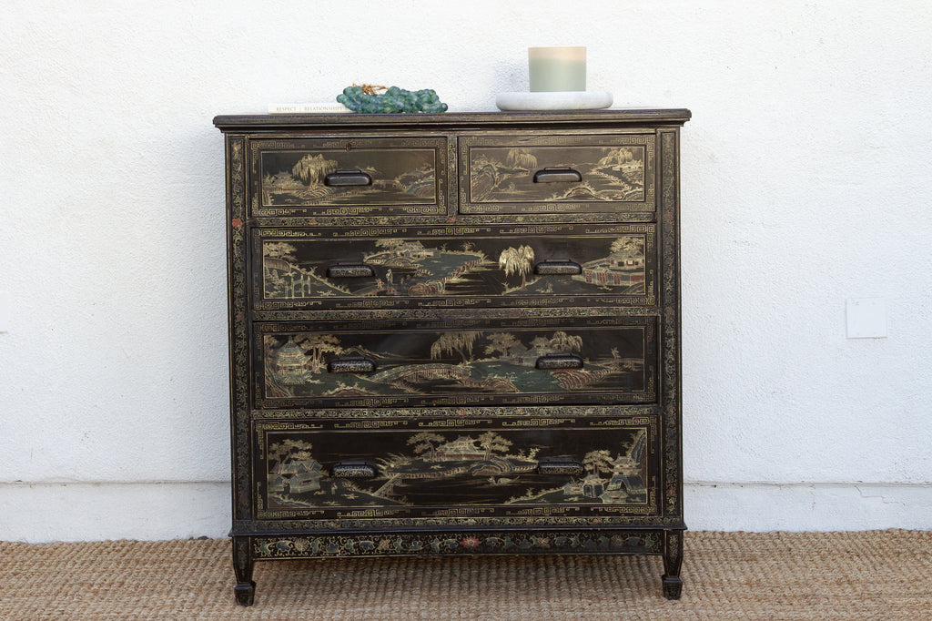 Mid-Century Chinoiserie Painted Tall Dresser