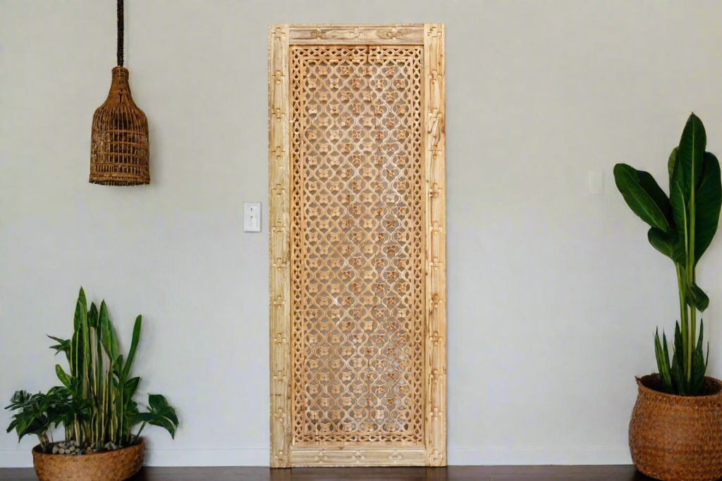 Reclaimed Bleached Carved Wood Floral Jali Door