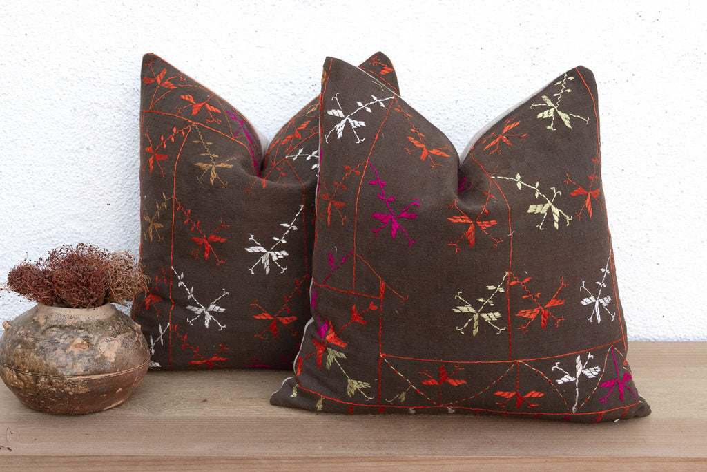Obsidian Bloom, Set of 2 Antique Phulkari Pillow Covers (Trade)
