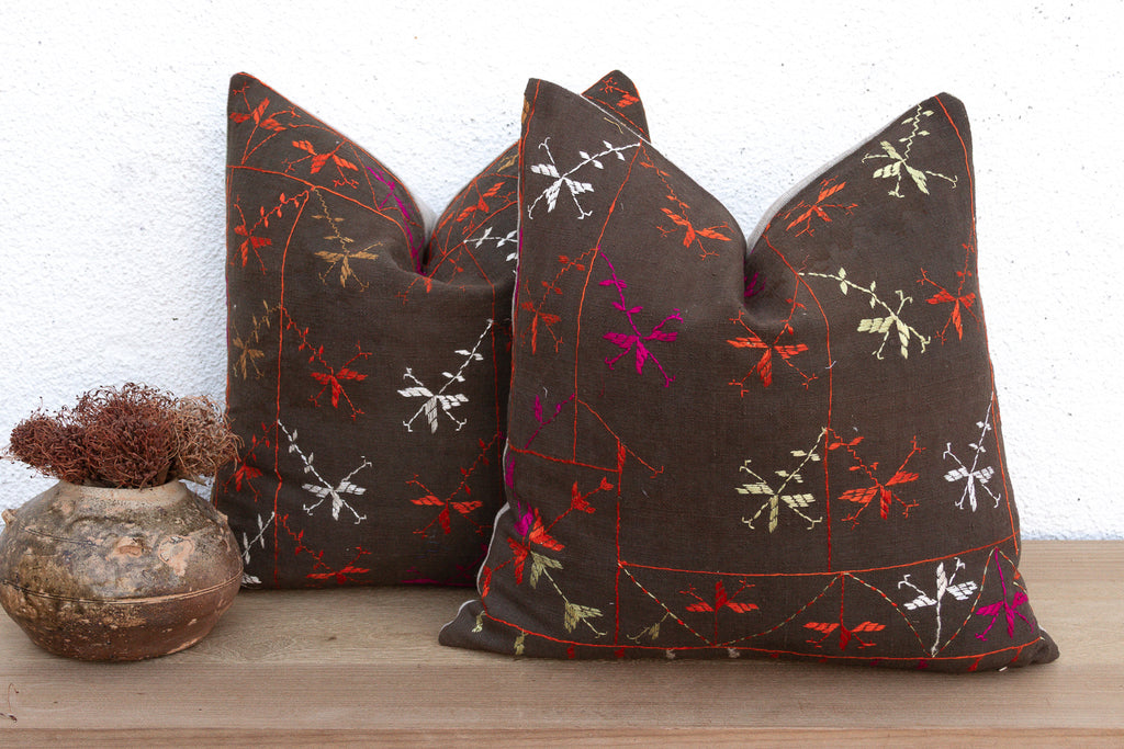 Obsidian Bloom, Set of 2 Antique Phulkari Pillow Covers (Trade)