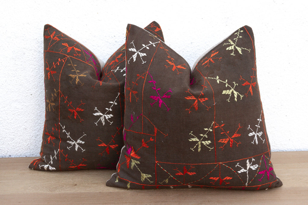 Obsidian Bloom, Set of 2 Antique Phulkari Pillow Covers (Trade)
