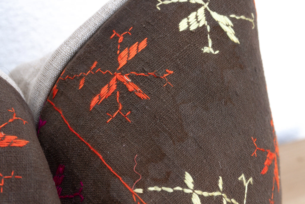 Obsidian Bloom, Set of 2 Antique Phulkari Pillow Covers (Trade)