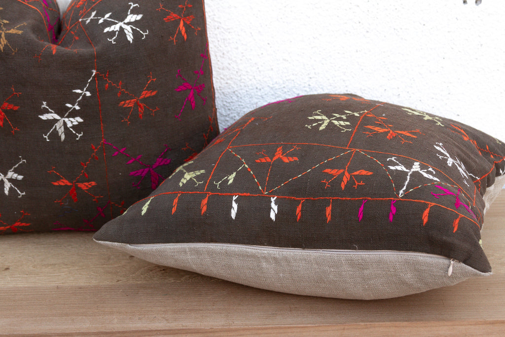 Obsidian Bloom, Set of 2 Antique Phulkari Pillow Covers (Trade)