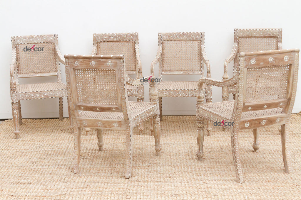 Raj British Colonial Inlaid Dining Chairs, Set of 6